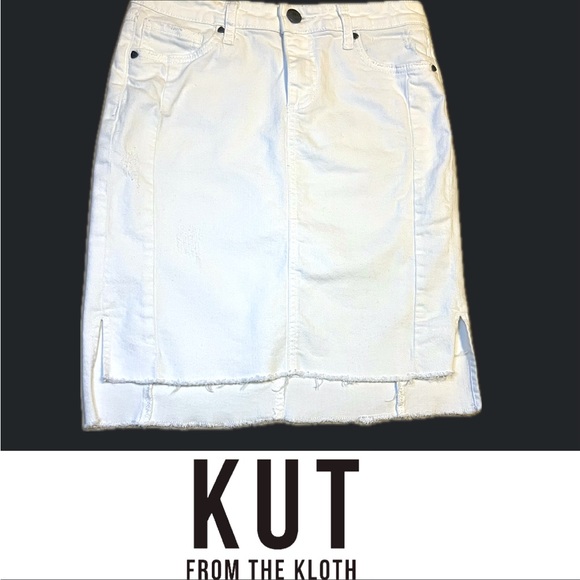 KUT Connie Step Raw Hem Stretch Cotton Skirt Size 4 White Mildly Distressed - Picture 2 of 13